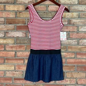 NWT Derek Heart Red and White Striped Top with Denim Bottom Sleeveless Romper